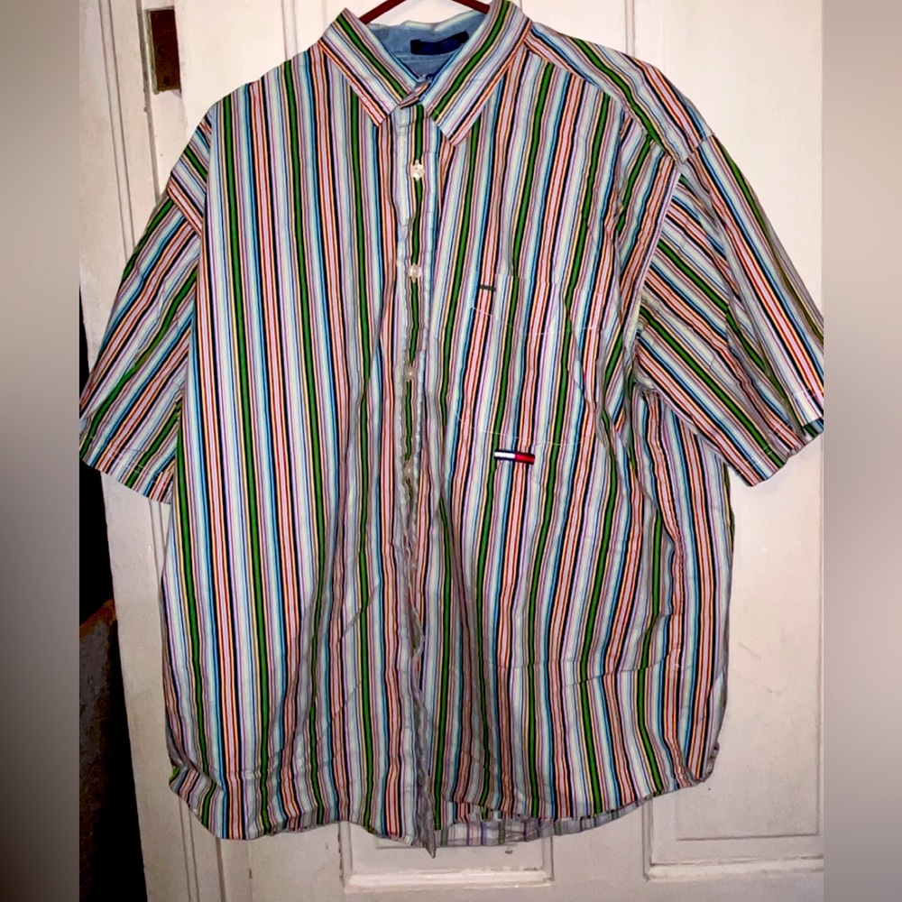 Vintage Tommy Hilfiger Button Down Bright Multicolor Embroidered Flag Logo XL